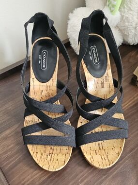 COACH Black Strappy Cork Wedge Sandals